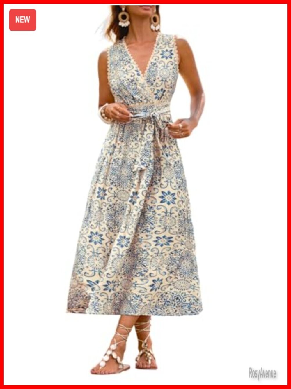 Paisley Floral Lace Trim Wrap V-Neck Sleeveless Midi Dress